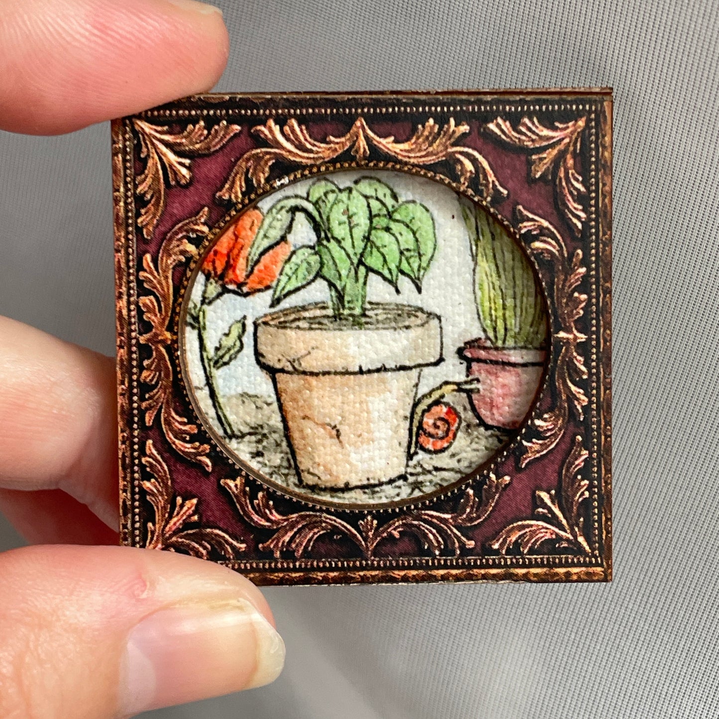 Container Garden with Snail Framed Canvas Print Magnet Tiny Art