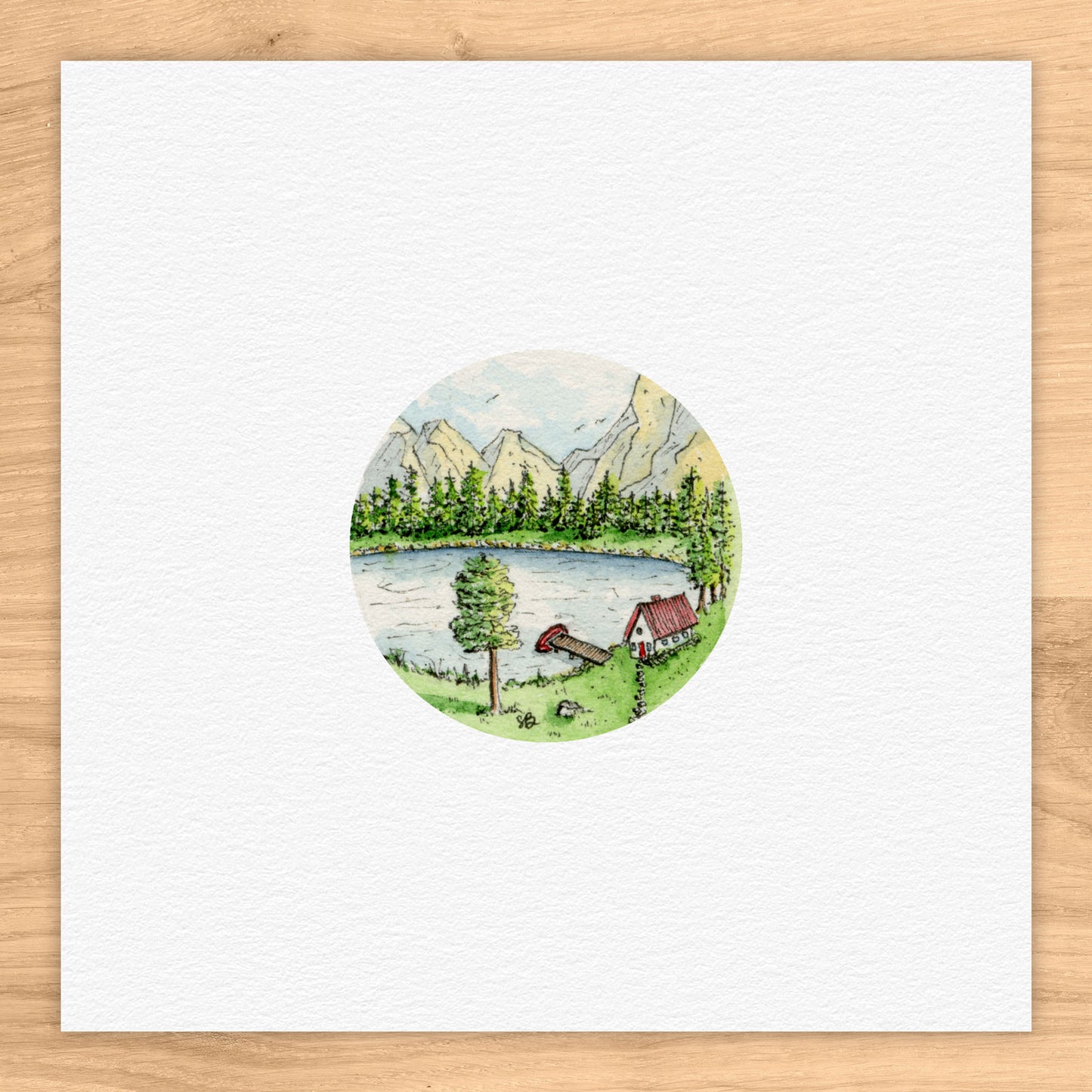 Cabin by Lake Tiny Art Watercolor Print