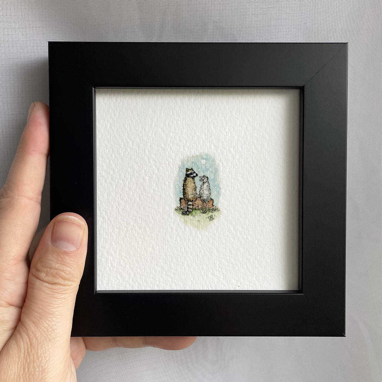 Raccoon & Possum On Log Tiny Art Watercolor Print