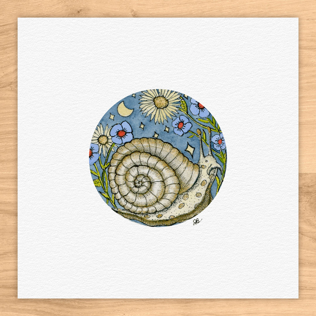 Snail At Night Tiny Art Watercolor Print