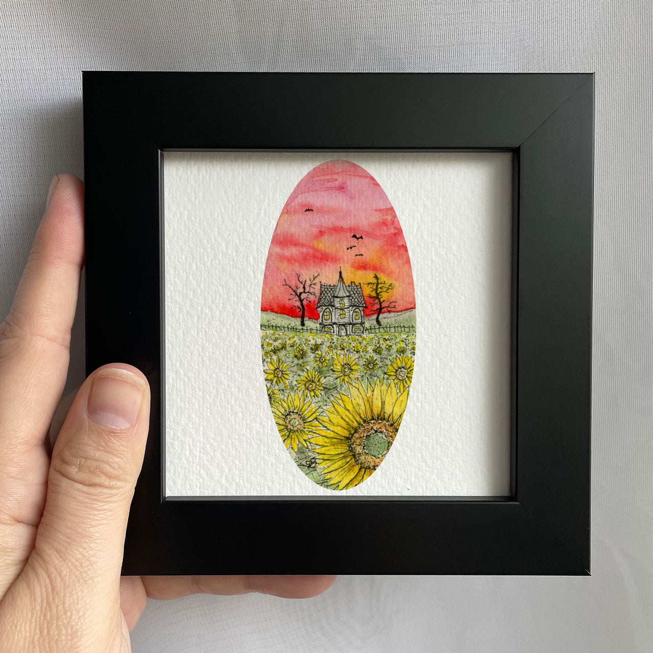 Sunflower Field Haunted House Watercolor Print