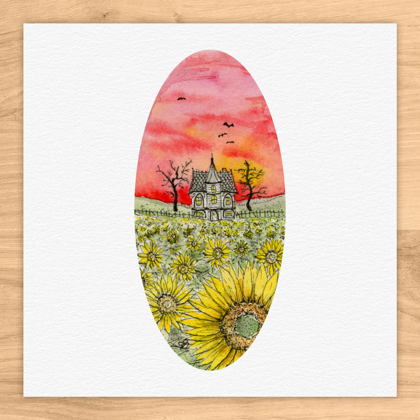 Sunflower Field Haunted House Watercolor Print