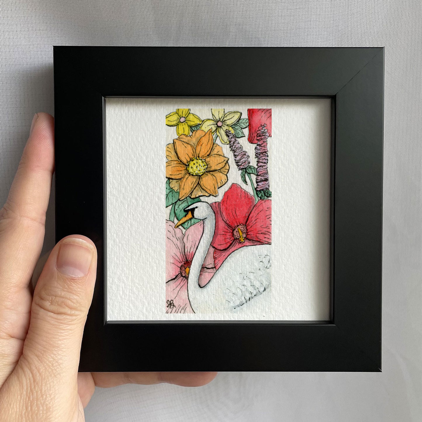 Swan and Flowers Watercolor Print