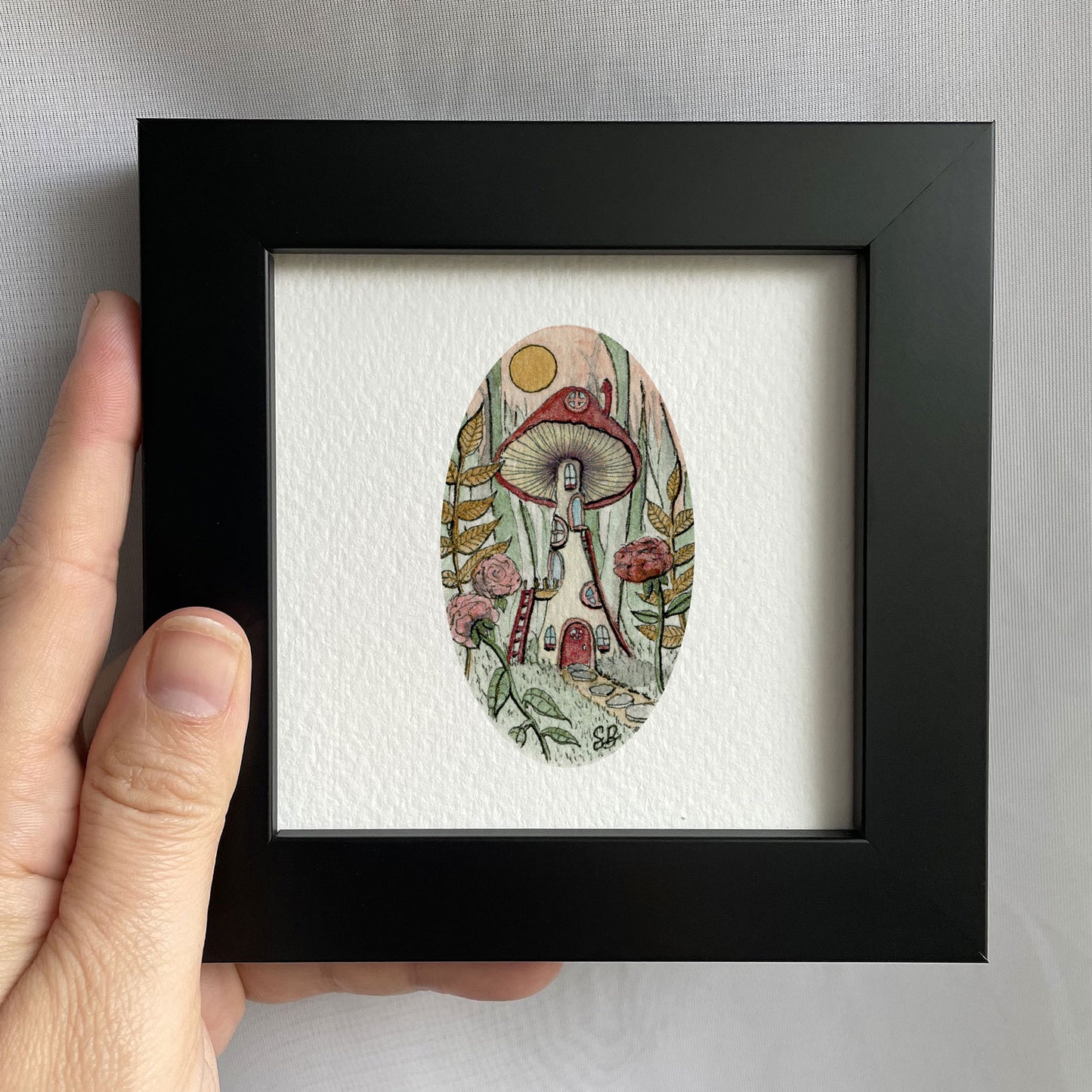 Tall Mushroom Home Tiny Art Watercolor Print