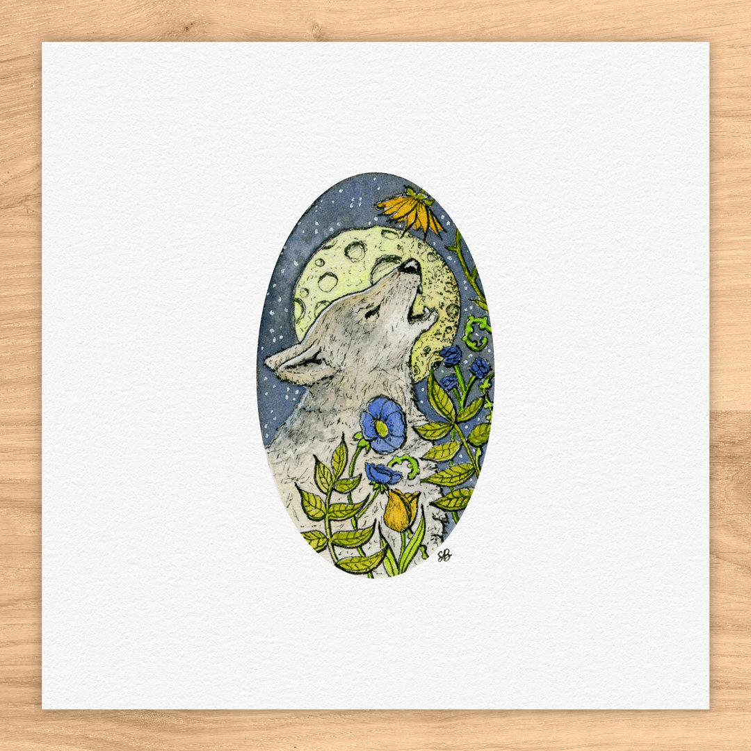 Wolf Howling Tiny Art Watercolor Print