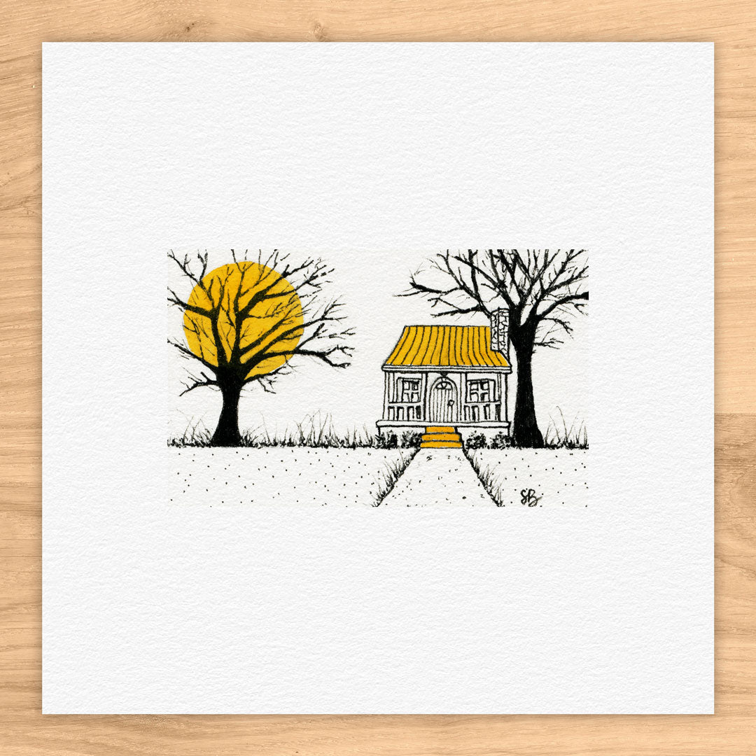 Yellow Moon And Cabin Tiny Art Watercolor Print