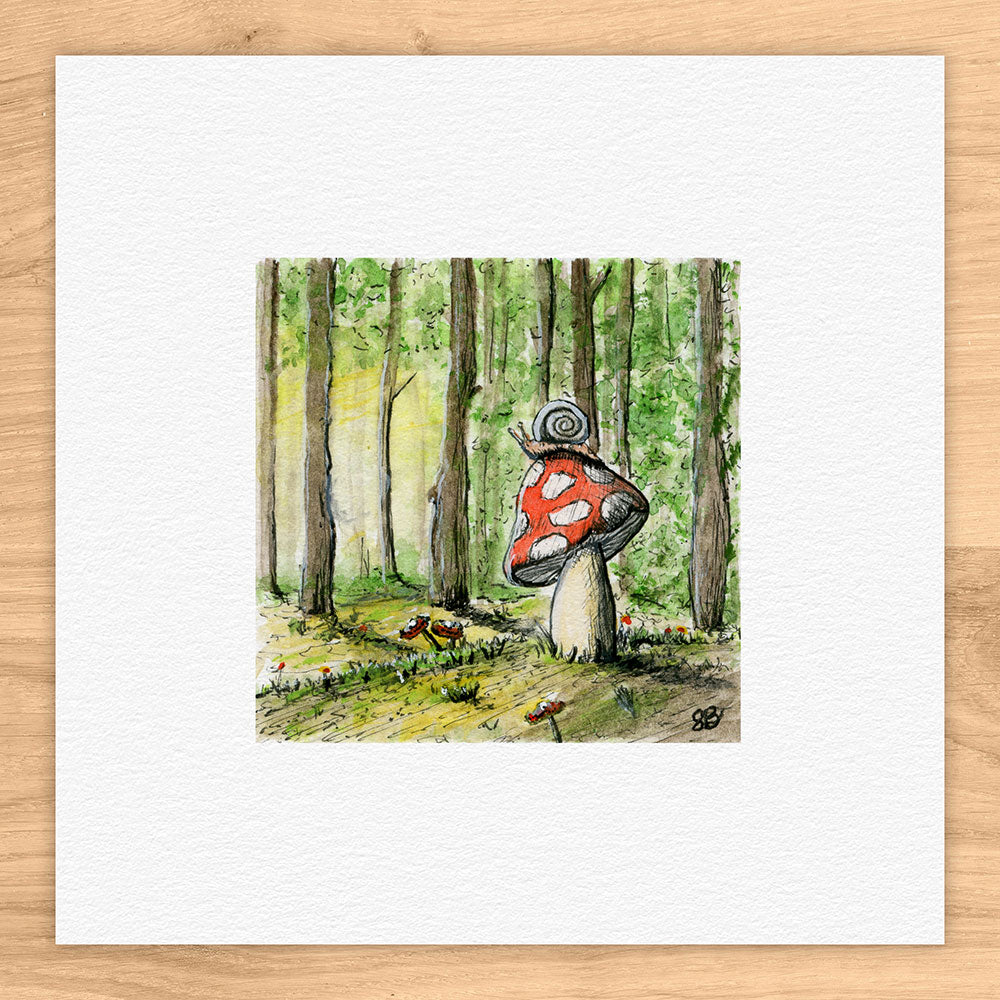 Snail on Mushroom Forest Watercolor Print