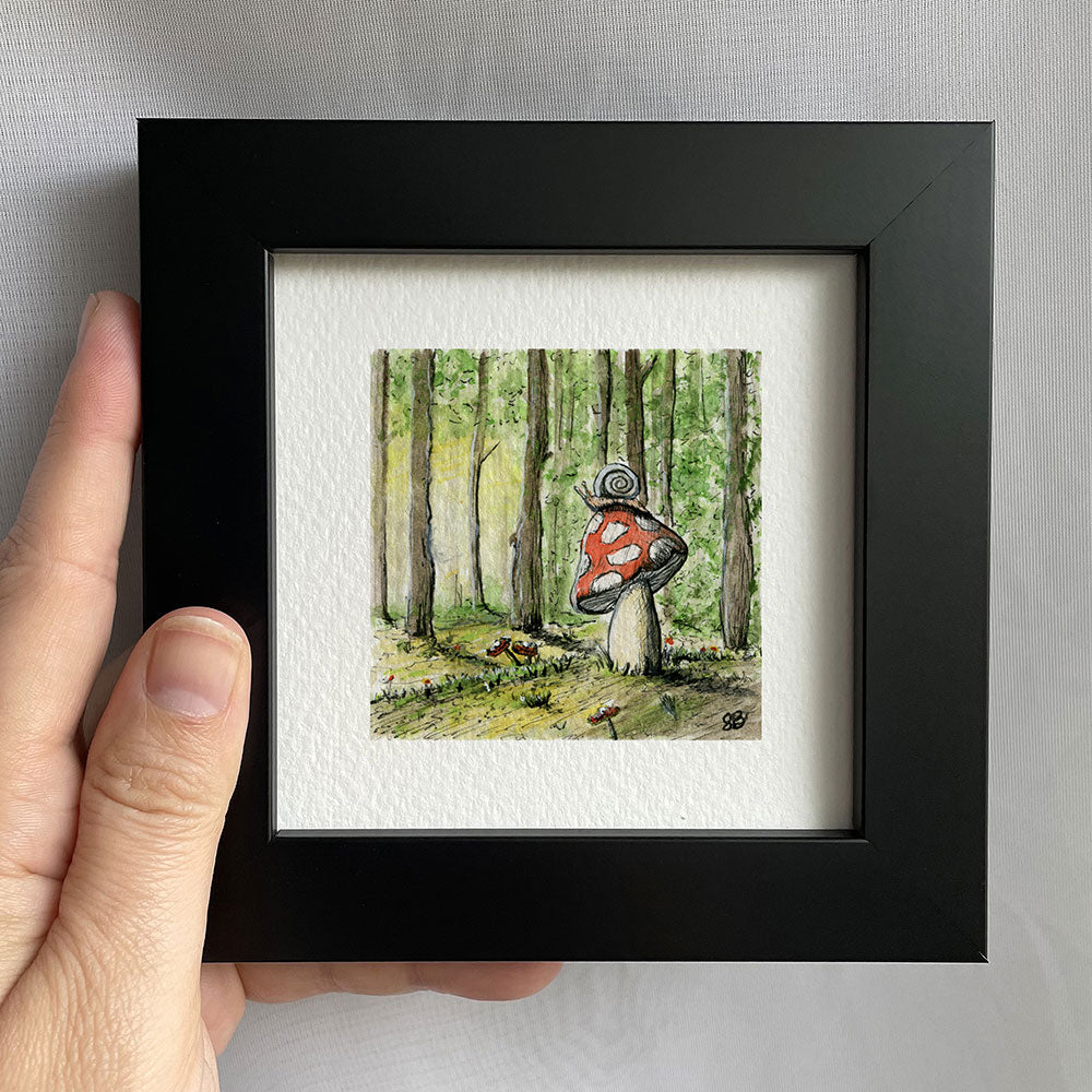 Snail on Mushroom Forest Watercolor Print