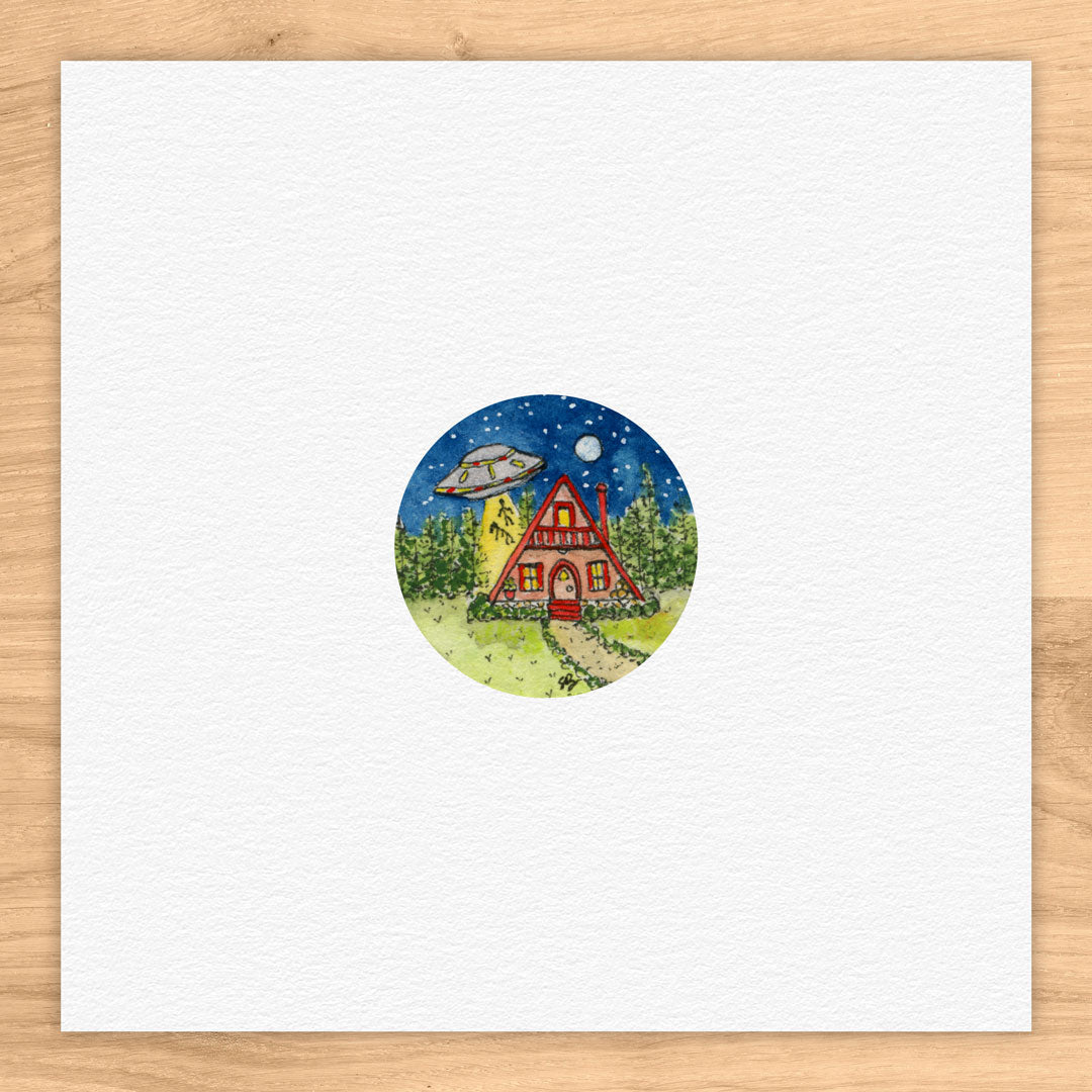 A-Frame Cabin UFO Abduction Tiny Art Watercolor Print