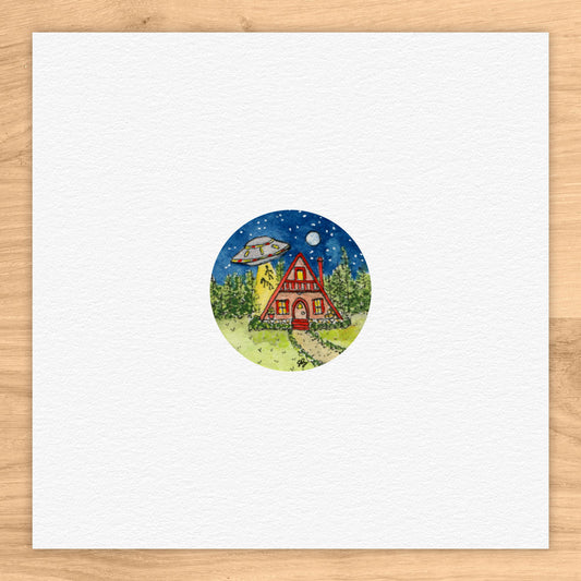 A-Frame Cabin UFO Abduction Tiny Art Watercolor Print