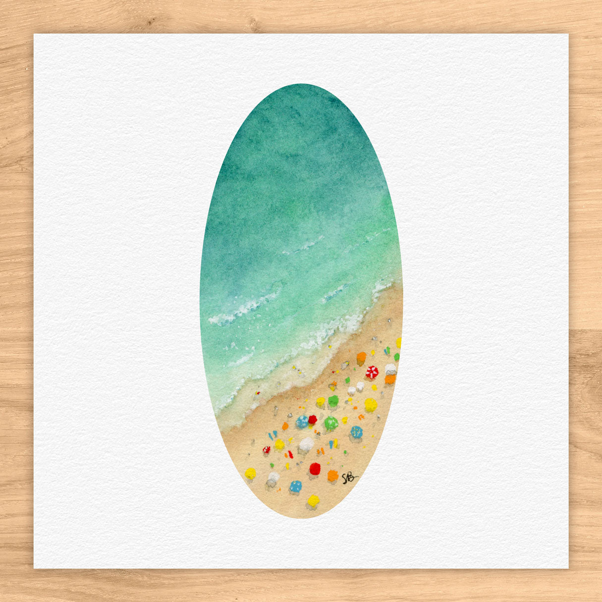 Aerial Beach Oval Tiny Art Watercolor Print