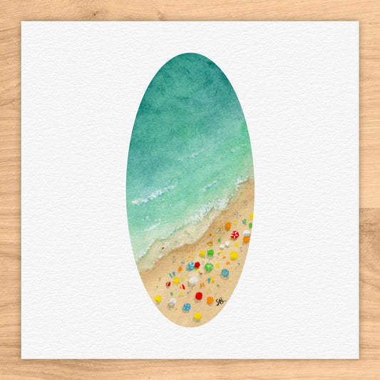 Aerial Beach Oval Tiny Art Watercolor Print
