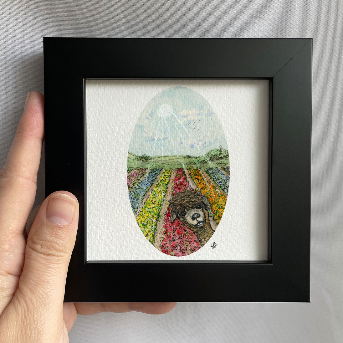 Alpaca In Flower Field Tiny Art Watercolor Print