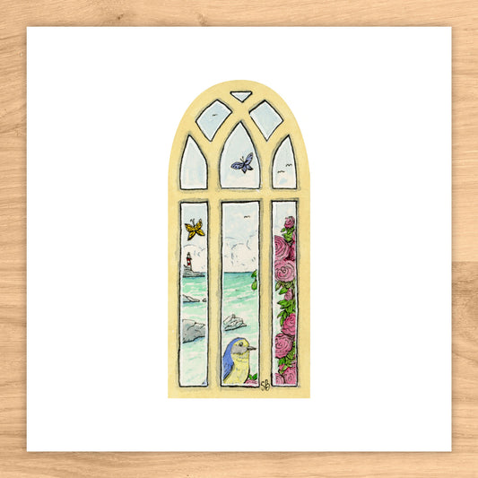 Arched Seaside Window Tiny Art Watercolor Print