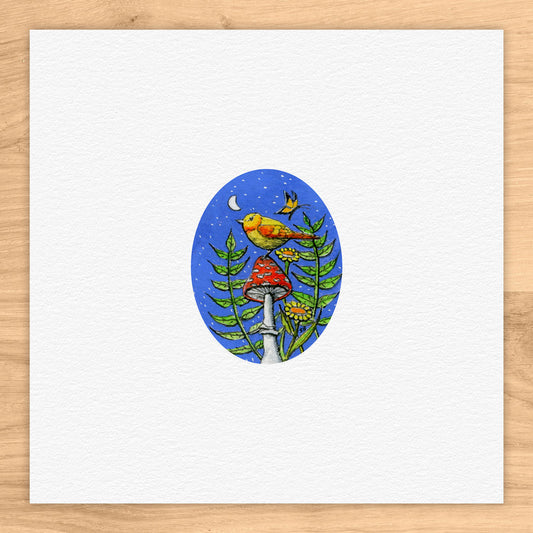 Bird On Mushroom Tiny Art Watercolor Print