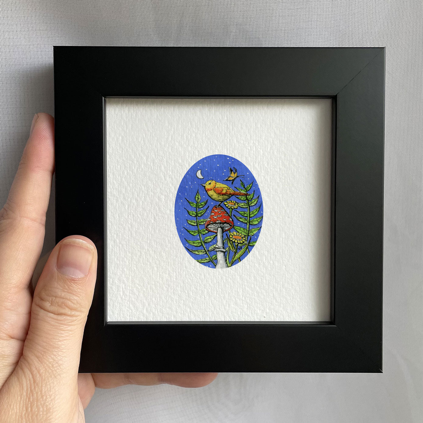 Bird On Mushroom Tiny Art Watercolor Print