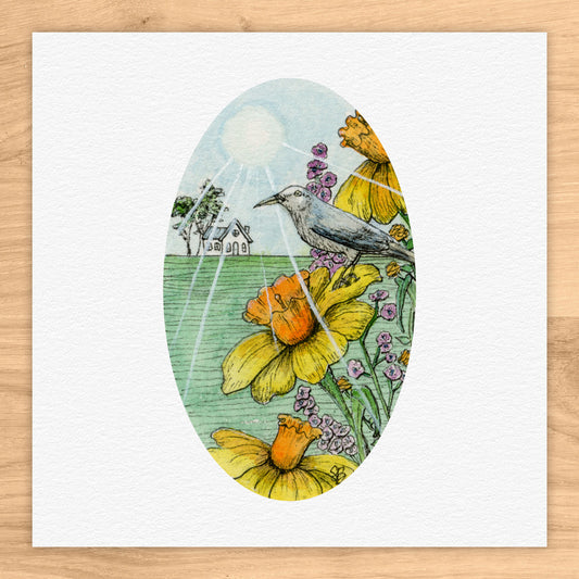 Tiny Bird or Giant Daffodil? Tiny Art Watercolor Print