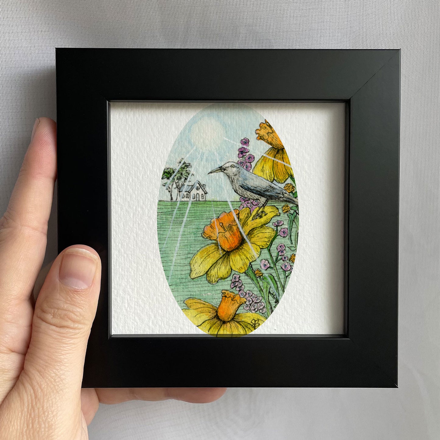 Tiny Bird or Giant Daffodil? Tiny Art Watercolor Print