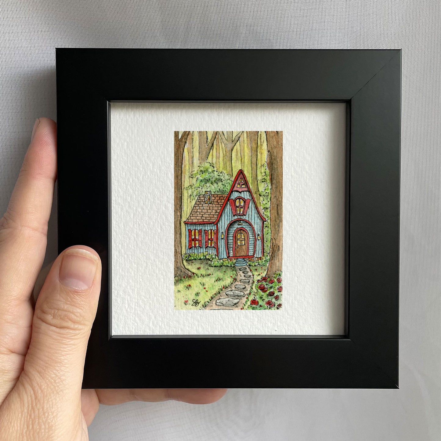 Blue Cottage In Forest Tiny Art Watercolor Print