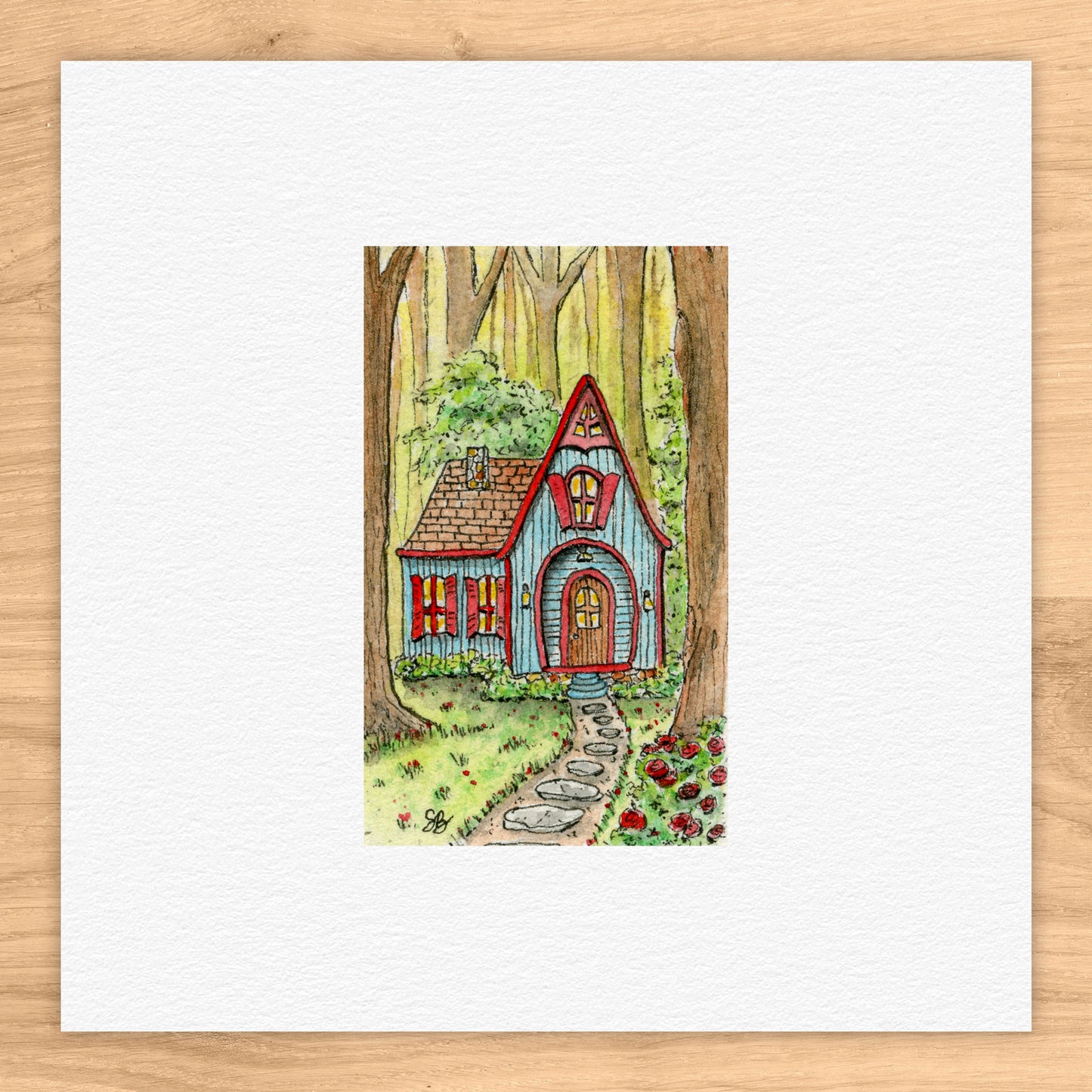 Blue Cottage In Forest Tiny Art Watercolor Print