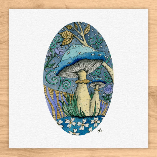 Blue Mushrooms Tiny Art Watercolor Print