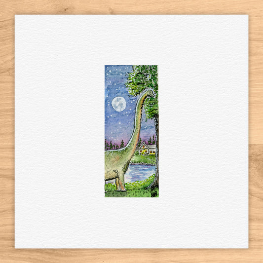 Brachiosaurus at Night Watercolor Print