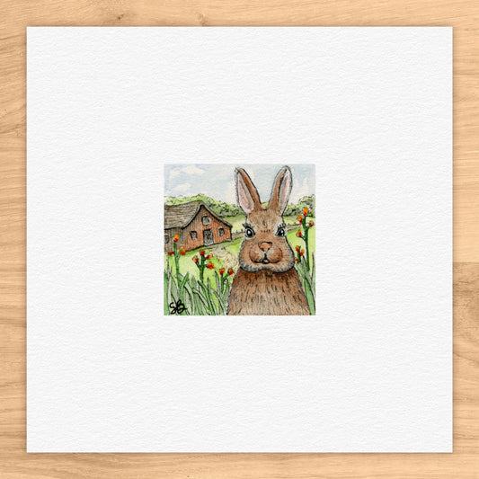 Bunny and Barn Tiny Art Watercolor Print
