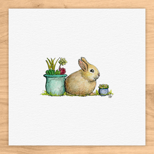 Bunny And Succulents Tiny Art Watercolor Print