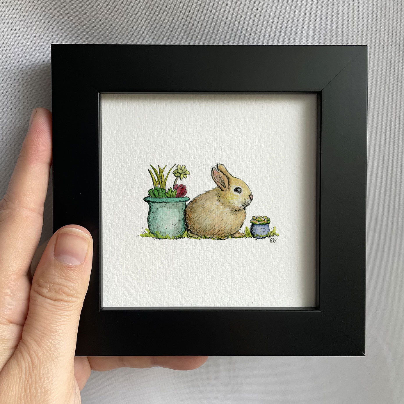 Bunny And Succulents Tiny Art Watercolor Print