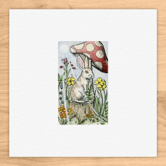 Bunny On Stump Tiny Art Watercolor Print