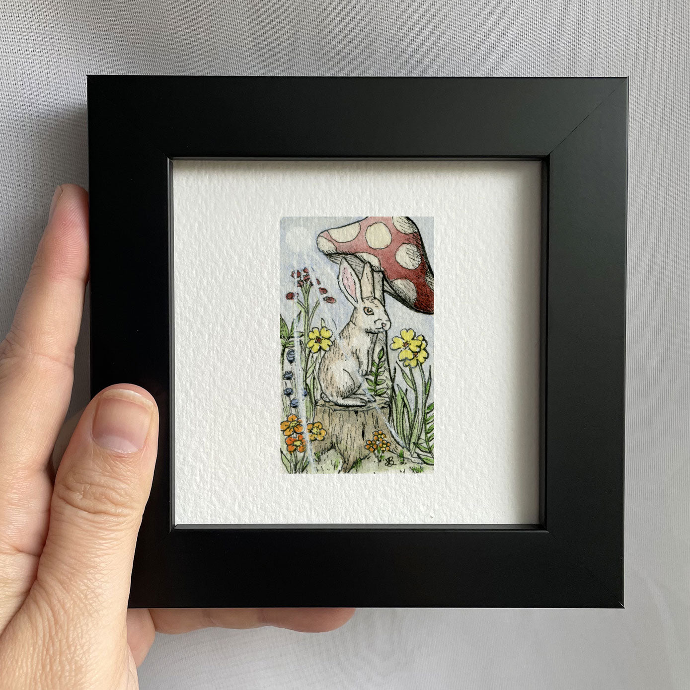 Bunny On Stump Tiny Art Watercolor Print