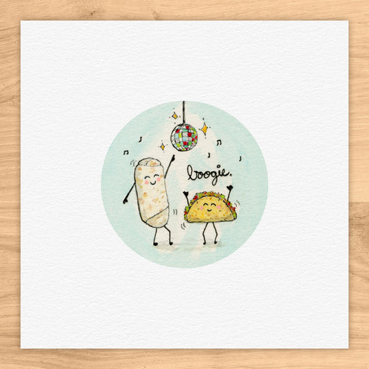 Burrito & Taco Disco Dance Tiny Art Watercolor Print