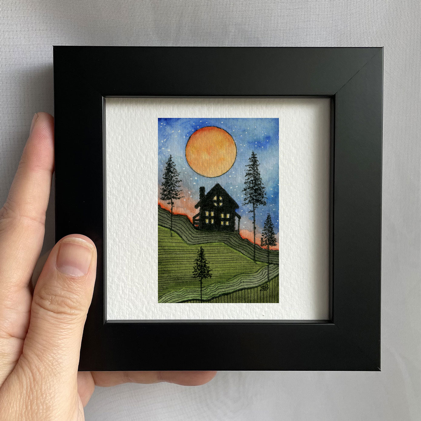 Cabin Silhouette Tiny Art Watercolor Print
