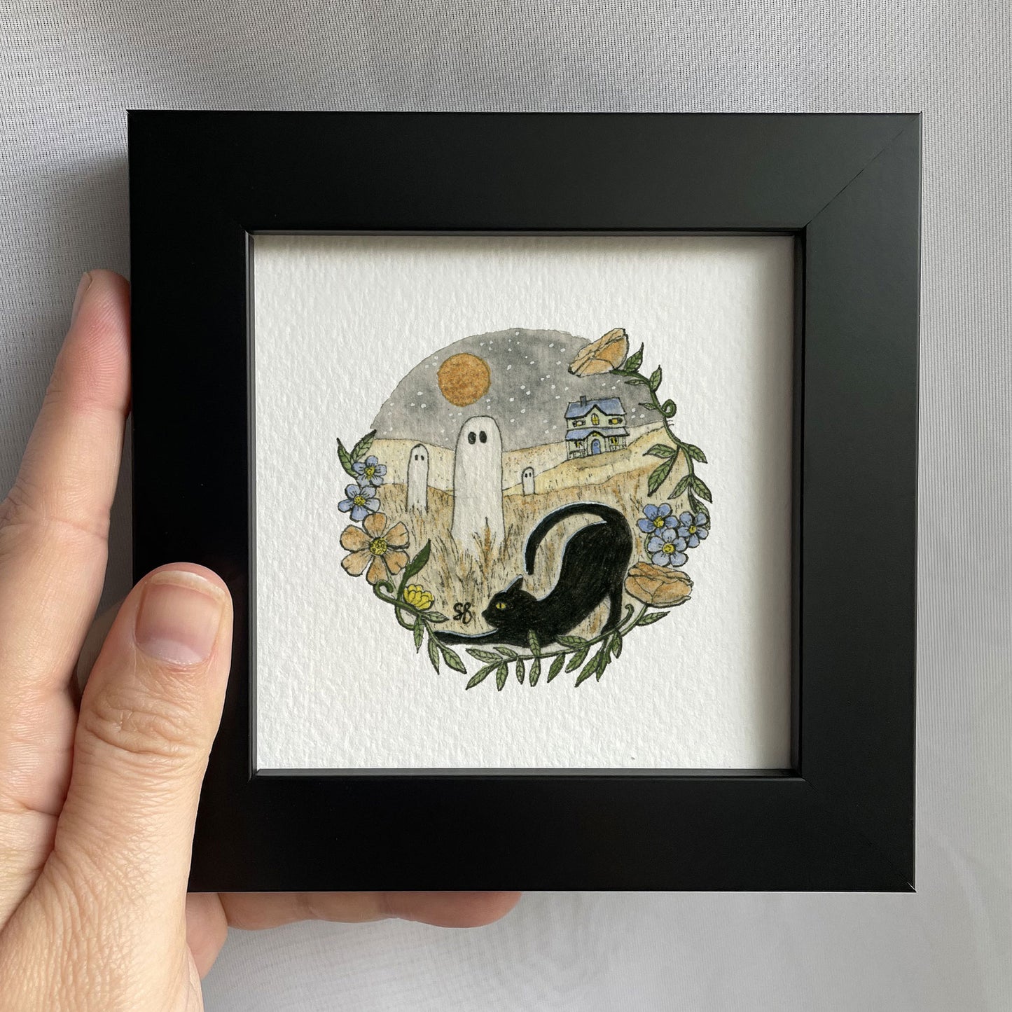 Cat and Ghost Haunted Landscape Watercolor Print