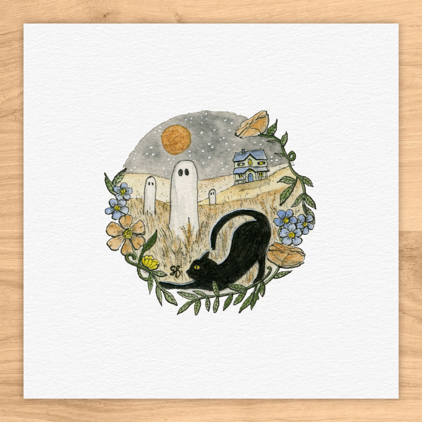 Cat and Ghost Haunted Landscape Watercolor Print