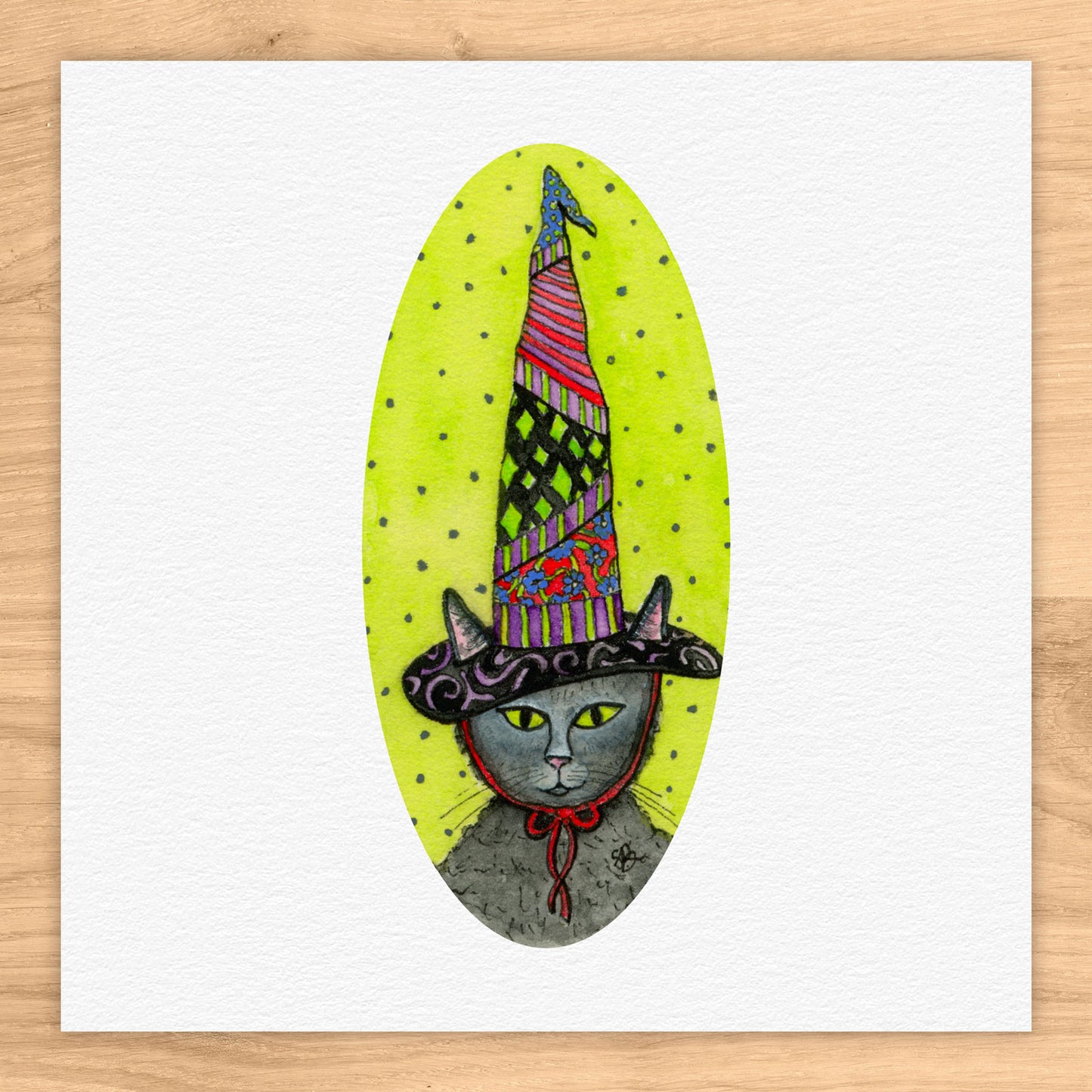 Cat In Tall Witch Hat Watercolor Print
