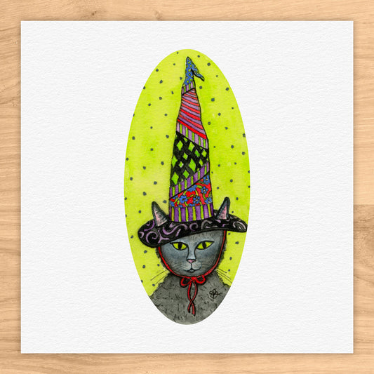 Cat In Tall Witch Hat Watercolor Print