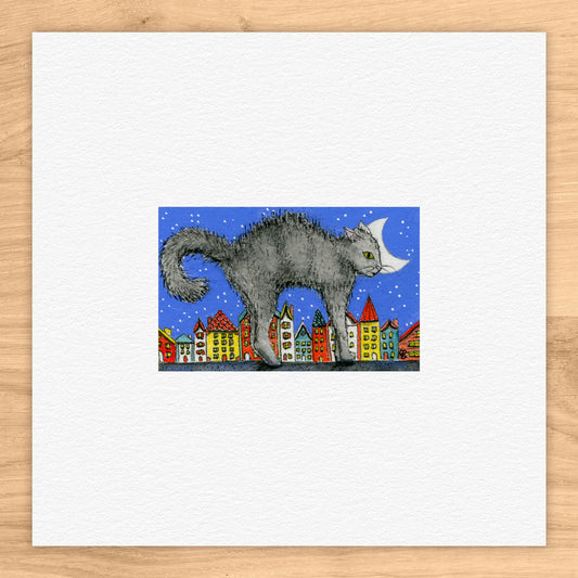 Cat Over City Tiny Art Watercolor Print