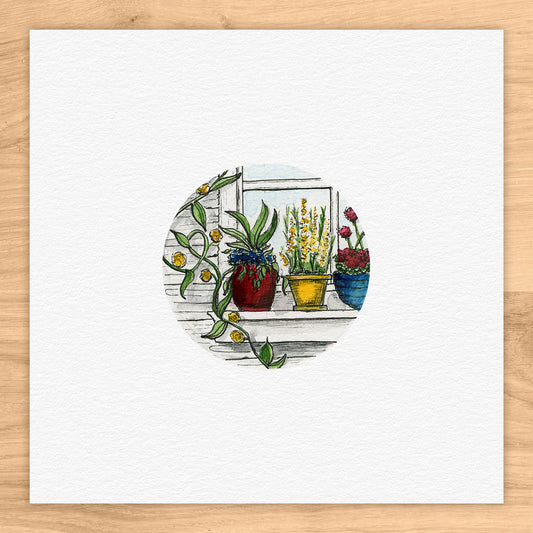 Window Sill Container Garden Watercolor Print