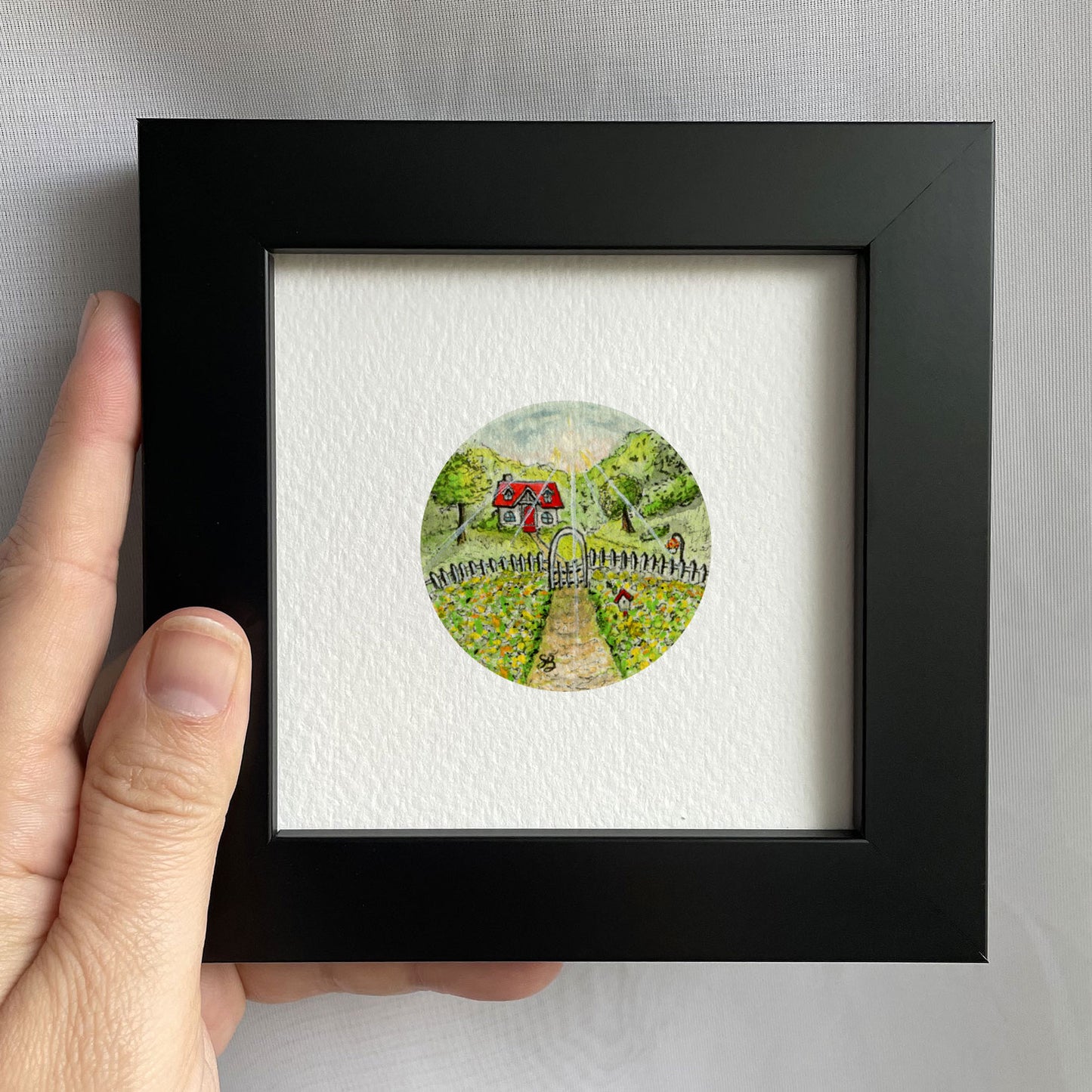 Cottage And Field Tiny Art Watercolor Print