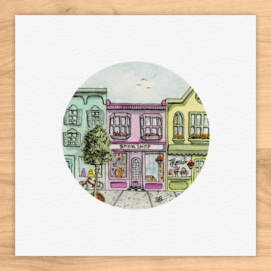 Cozy Main Street Shoppes Tiny Art Watercolor Print