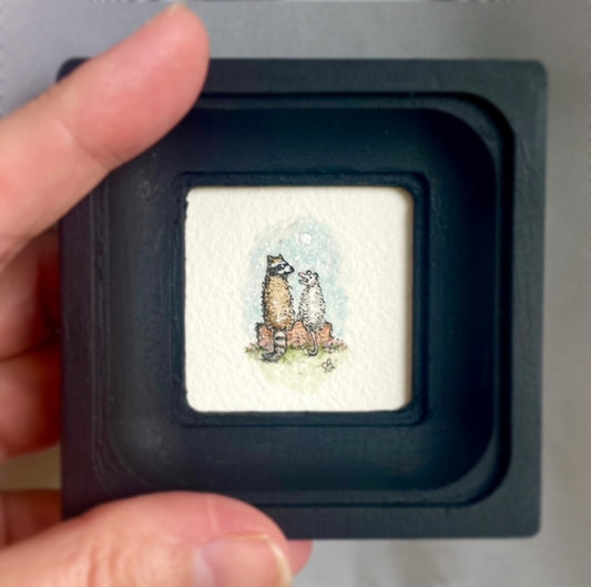Racoon & Possum on Log Tiny Art Original Watercolor Painting