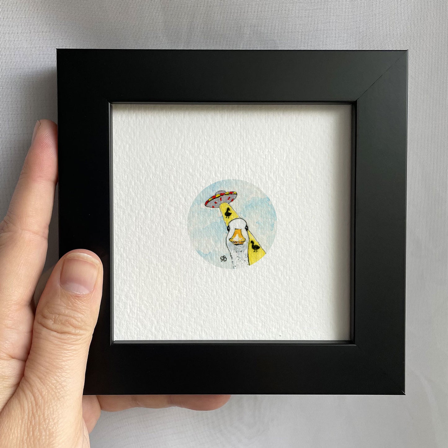 Duck UFO Abduction Tiny Art Watercolor Print