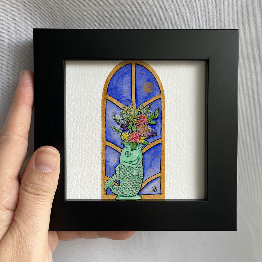 Fish Vase in Window Tiny Art Watercolor Print