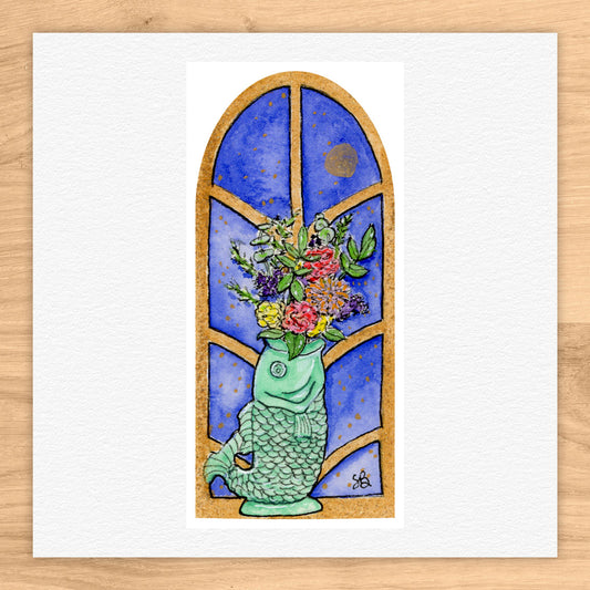 Fish Vase in Window Tiny Art Watercolor Print