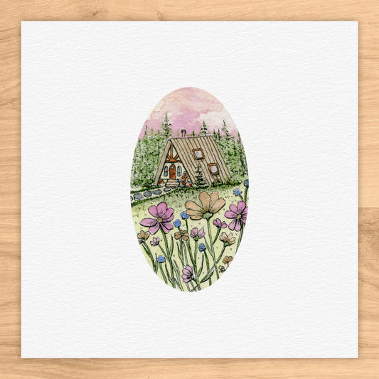 Floral A-Frame Cabin Watercolor Print