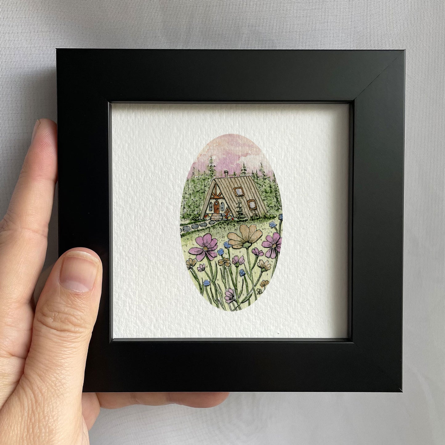 Floral A-Frame Cabin Watercolor Print