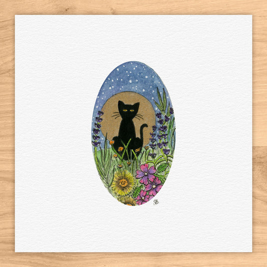 Floral Cat and Moon Tiny Art Watercolor Print