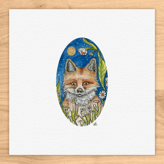 Fox Under Moon Watercolor Print