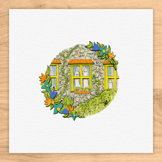 Ghosts in Cottage Window Tiny Art Watercolor Print